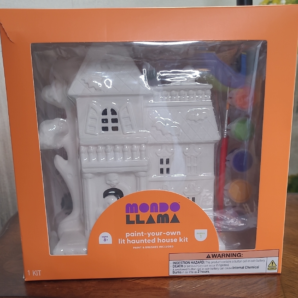 New in box! Mondo Llama Paint Your Own Haunted House Halloween Kit Lights Up